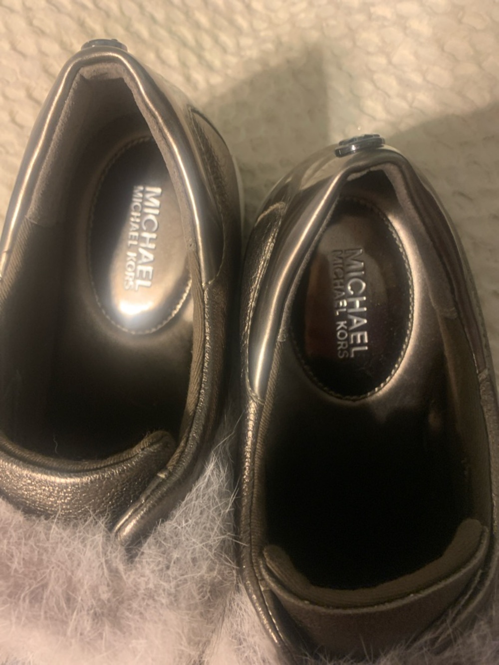 Michael Kors Metallic Pewter Slip-On Sneakers with Gray Fur - Picture 2 of 3